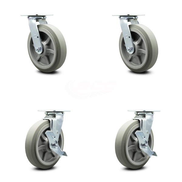 8 Inch Thermoplastic Rubber Swivel Caster Set with Ball Bearings 2 Brakes SCC